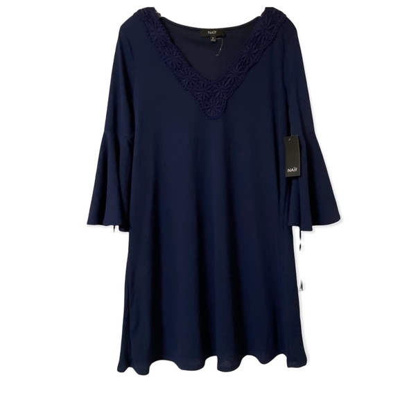 Naif Navy Blue Bell Sleeve Midi Swing Dress New Size M - Picture 1 of 9